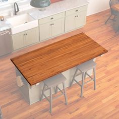 an overhead view of a kitchen island with stools