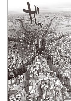 black and white photograph of an aerial view of a city with crosses in the sky