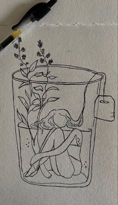 an ink drawing of a woman sitting in a glass with flowers on the side and water inside