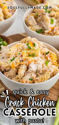 chicken casserole with pasta in a white bowl on a wooden cutting board and text overlay that reads quick & easy crock chicken casserole with pasta