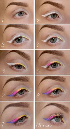 Colored eyeliner. Neon Eyeliner, Eyes Step By Step, Rave Attire, Kohl Kajal, Gold Eyeliner, Drag Make-up, Festival Face, Kajal Eyeliner, Rainbow Makeup