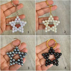 four pictures showing how to make an ornament keychain with pearls and beads