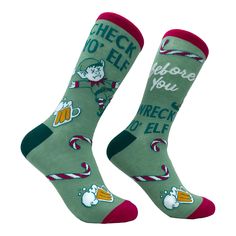 Funny Green - Check Yo Elf Women's Check Yo Elf Before You Wreck Yo Elf Sock Nerdy Christmas Drinking Sarcastic Tee Coal Christmas, Elf Socks, Check Yourself, Xmas Elf, Socks Funny, Funny Shirts For Men, Drinking Humor, Soft Clothes, Funny Socks