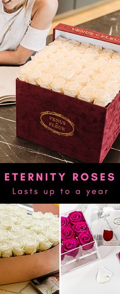 there is a box with roses in it and the words, eternity roses last up to year