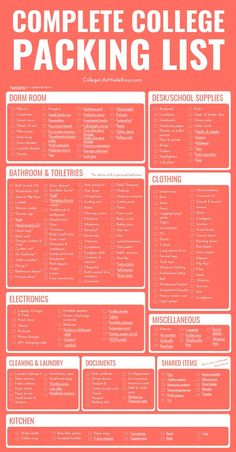 the complete college packing list is shown in red and white, with an orange background