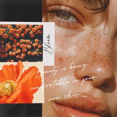 a woman with freckles on her face and an orange flower