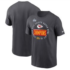 the nike kansas chiefs super bowl champs t - shirt is shown in dark grey with an orange