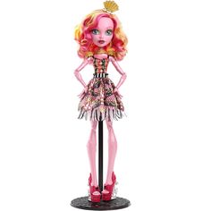 a doll with pink hair and blue eyes is standing on a black base, wearing a dress