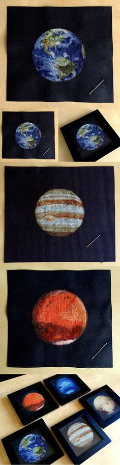 four pictures of different planets on black fabric