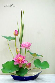 a blue bowl filled with pink flowers and green leaves