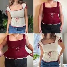 three pictures of different types of women's tops, one in red and the other in white