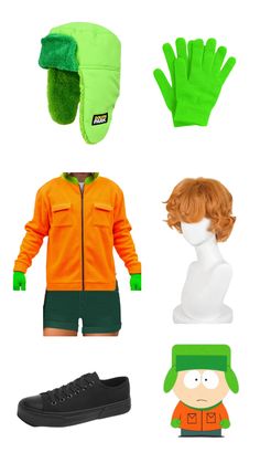 various items are arranged in the shape of people's heads and hands, including an orange