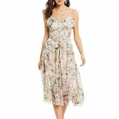 Chelsea & Violet Blush Pink Floral Ruffle Tie Up Sleeveless Midi Dress Features Sleeveless Tie Spaghetti Straps A-Line Floral Print Tiered Ruffle Details Midi Length Side Zipper Pop Over Lined Color: Blush (Light Pink) Material: Polyester/Spandex Size Women 6 (Small) Approx Measurements: 48" Length, 17" Chest, 13.5" Waist, 18.5" Hip Brand New With Tags #Romantic #Feminine #Meadow #Fauna #Garden #Spring #Summer #Lightweight #Party #Wedding #Beach #Vacation #Brunch #Church #Adorable #Flowy #Flirty Spring Sleeveless Chiffon Dress With Ruffles, Spring Chiffon Sleeveless Dress With Ruffles, Chiffon Sleeveless Dress With Ruffles For Spring, Pink Sleeveless Dress With Spaghetti Straps For Garden Party, Feminine Chiffon Midi Dress With Spaghetti Straps, Feminine Pink Sleeveless Dress For Garden Party, Flowy Pink Sleeveless Dress For Spring, Feminine Pink Sleeveless Dress For Spring, Feminine Sleeveless Ruffle Dress For Garden Party