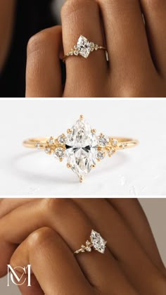 two different views of a woman's engagement ring