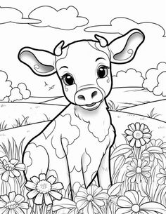 a cow sitting in the grass with flowers