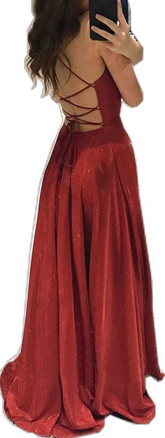 Bare Back Dress, Red Formal Gown, Lace Up Back Dress, Long Fitted Dresses, Red Sequin Dress, Maxi Dress Collection, V Neck Prom Dresses, Spaghetti Strap Prom Dress, Maxi Dress Outfit