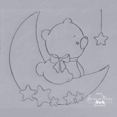 a drawing of a teddy bear sitting on the moon with stars hanging from it's side