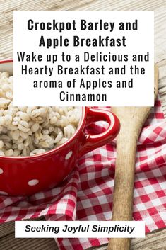 a red bowl filled with breakfast cereal next to a wooden spoon on top of a checkered table cloth