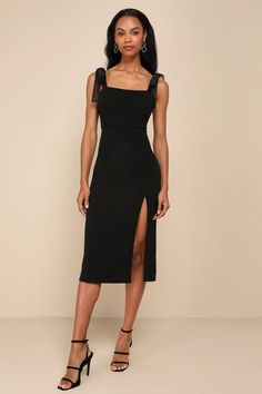 Black Midi Dress - Bodycon Midi Dress - Tie-Strap Midi Dress - Lulus Midi Square Neck Dress, Rehearsal Dinner Dress Black, Mid Black Dress, Graduation Dress University Black, Semi Formal Black Outfit, Black Formal Dress Outfit, Black Graduation Dress High School, Black Semi Formal Outfit, Black Graduation Dress College