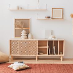 a living room with white walls and wooden shelves on the wall, an orange area rug in front of it