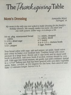 the thanksgiving table instructions for mom's dressing are shown in this page, with an image of three potted plants on each side