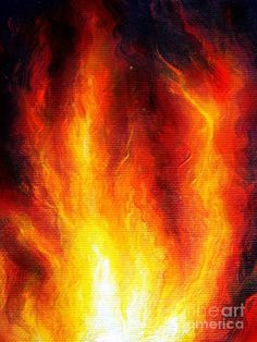 an abstract painting with bright orange and yellow flames in the center, on a black background