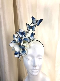 Blue Fascinator Monarch Hat Butterfly Hat | Etsy White Hair Accessories For Kentucky Derby, White Hair Accessories For Formal Summer Events, Whimsical White Summer Headband, Whimsical White Hair Accessories For Summer, White Summer Headband For Races, White Headband For Summer Races, Aespa Dorm, Masquerade Outfit Ideas, Butterfly Hat