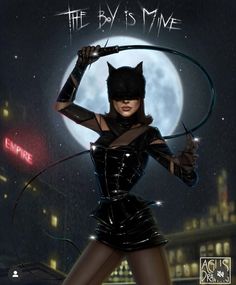 a woman dressed up as catwoman holding a whip in front of a full moon