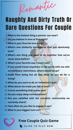 Heat up your relationship with these tantalizing Truth or Dare questions designed for couples! 🔥💏 Explore naughty confessions and daring challenges that take intimacy to new heights. Get ready for an unforgettable journey of passion and playfulness! 💋💡 #IntimateRevelations #DaringDesires #CouplesConnection Vulnerability Questions, Dirty Truth Or Dare Questions, Dares For Couples, Date Night Questions, Boyfriend Questions, Questions For Couples