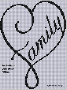 a cross stitch heart with the words family on it