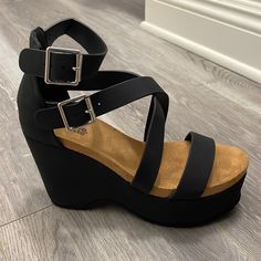 Brand New! Only Worn Once; Black Strappy Wedges; Size 6; Two Silver Buckles Black Synthetic Wedge Sandals With Buckle Closure, Casual Black Wedge Sandals With Buckle Closure, Casual Black Wedge Sandals With Buckle, Black Strappy Wedges, Strappy Wedges, Shoes Brand, Womens Shoes Wedges, Shoe Brands, Charlotte Russe