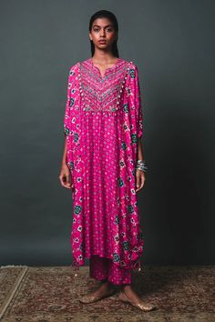 Buy Sonam Luthria Pink Crepe Patola Pattern Kaftan Kurta And Pant Set Online | Aza Fashions Patola Pattern, Kaftan Kurta, Print And Embroidery, Kurta Pant Set, Kurti Patterns, Designer Kurti Patterns, Sleeves Designs For Dresses, Kurta Designs Women, Dress Indian Style