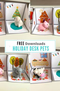 the four pictures show how to make holiday desk pets for kids and adults with free printable templates