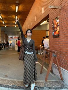 Long Skirts Hijab Outfits, Korean Plaid Skirt Outfit, Japan Street Style Fall, Long Aesthetic Skirt, Long Skirt For Short Women, What I Wore In Japan, Aesthetic Korean Outfits Dress, Japanese Maxi Skirt Outfit, Aminasnotokay Outfits