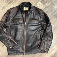 This Is The Real Deal! Thick, Heavy With All The Detail Harley Jacket, Coats Vintage, Wilsons Leather Jacket, Leather Biker Jacket, Leather Jackets, Biker Jacket, Vintage Leather, Black And Brown, Mens Jackets