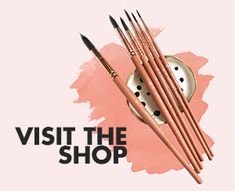 the words visit the shop are written in black and white on a pink background with paint brushes