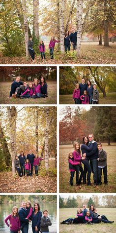 a group of people standing next to each other in front of some trees and water