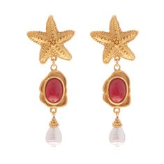 Our Marisol Earrings feature handcrafted 24K gold-plated starfish shapes that evoke the enchanting beauty of the ocean. Adorning the bottom of each earring are coral resin accents and delicate white pearls, reminiscent of treasures washed ashore. With convenient clip-on backs, these earrings offer both style and comfort, allowing you to effortlessly elevate any ensemble with a touch of coastal sophistication. All jewelry is handcrafted and made to order in our New York City design studio. Please Ocean-inspired Shell Pearl Earrings, Luxury Statement Shell-shaped Earrings, Ocean-inspired Gold Shell Earrings, Ocean-inspired Shell Dangle Earrings, Beachy Necklace, Gold Shell-shaped Pearl Earrings Ocean-inspired, Washed Ashore, Coastal Elegance, Coral Stone