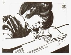 a black and white drawing of a woman writing on a piece of paper with a pencil