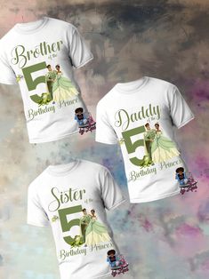 two white shirts with the number five on them and an image of prince and princess