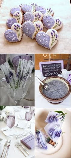 lavender themed desserts and decorations for a wedding or bridal party, including heart - shaped cookies