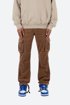 the Vintage Corduroy Cargo Pants are designed with a relaxed fit throughout with gusseting at the knee, cargo pockets at the side seam, a cinch-able waistband, zipper fly, and finishing off with elastic and cargo drawcords at the leg openings. details relaxed fit 100% cotton  zipper fly drawcords at leg opening model i Straight Cargo Pants, Corduroy Cargo Pants, M65 Jacket, Party Like Its 1999, Vintage Corduroy, Fuzzy Cardigan, Denim Patches, Alt Fashion, Brown Pants