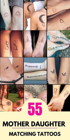 a collage of photos with different tattoos on their arms and legs, including the words'50 mother daughter matching tattoos '