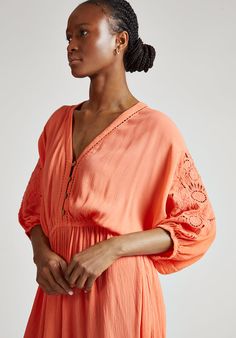 The Somerton embroidered maxi dress is a fluid textured cotton and adorned with tonal embroidery on the reverse and button front detail. This 3/4 sleeve dress features an elasticated waist and falls to maxi length. Perfect for Summer city dressing or vacation. Crafted in 100% cotton  Made in India  Machine Wash Six Pointed Star, Contemporary Clothes, Tonal Embroidery, Maxi Dress Wedding Guest, Balloon Sleeve Top, Embroidered Maxi Dress, City Dress, Maxi Dress Wedding, Jacquard Dress