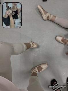 the legs and feet of three ballerinas wearing ballet shoes, one in gold