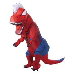 the inflatable dinosaur costume is red and blue