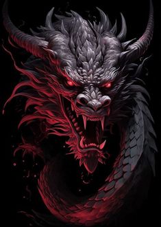 a dragon with red eyes and fangs on it's face