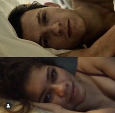 two pictures of a man and woman laying in bed