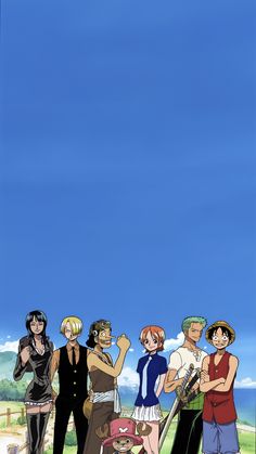 anime characters standing in front of a blue sky