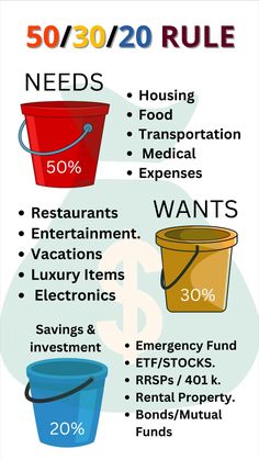 an info poster with different types of buckets and numbers on it, including the words 50 / 30 / 20 rules